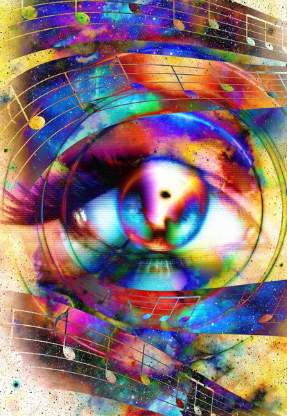 Woman Eye and music note and cosmic space with stars. abstract color background, eye contact. — Stock Photo, Image