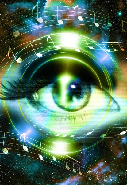 Nő szem és a hangjegy és a kozmikus térben a csillagok. Audio zene hangszóró sziluettje. absztrakt színű háttér, szemkontaktus. — Stock Fotó