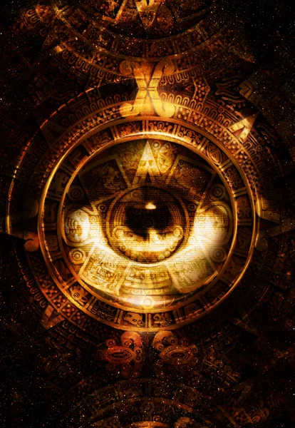 Ancient Mayan Calendar and woman eye,  abstract color Background, computer collage. Eye in circle light. — Stock Photo, Image