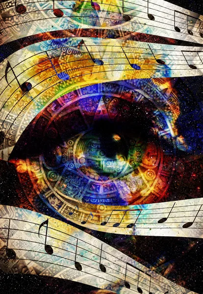Ancient Mayan Calendar and woman eye with  Music note, abstract color Background, computer collage. — Stock Photo, Image