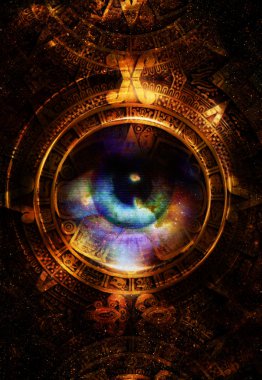 Antik Maya takvim, ve kadın göz, yıldız, soyut ile kozmik uzay renk arka plan, bilgisayar kolaj. Işık daire etkisi.