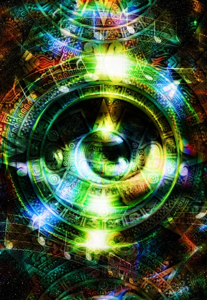 Ancient Mayan Calendar and woman eye with  Music note, abstract color Background, computer collage. — Stock Photo, Image