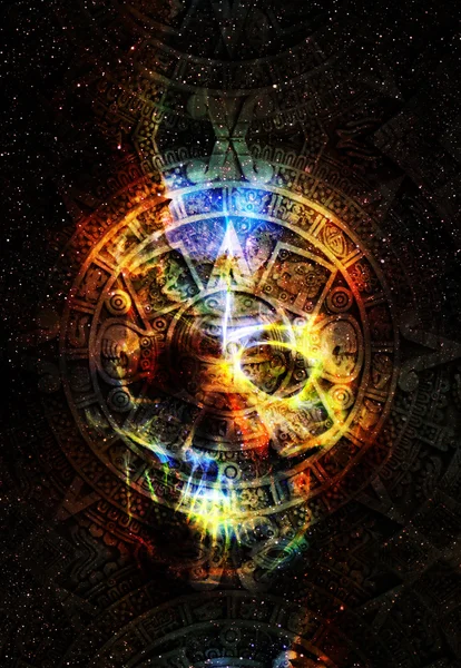 Ancient Mayan Calendar and skull in cosmic space with stars, abstract color Background. — Stock Photo, Image