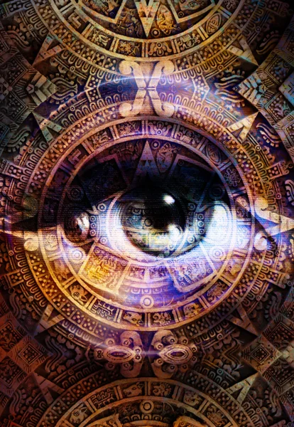 Ancient Mayan Calendar and woman eye, abstract color Fondo, collage informático. Ojo en círculo de luz . — Foto de Stock