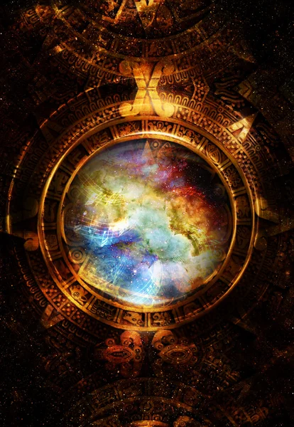 Αρχαίο ημερολόγιο των Μάγιας και μουσική σημείωση, κοσμικό χώρο με αστέρια, αφηρημένες χρώμα φόντου, κολάζ του υπολογιστή. κυκλική θέα στο διάστημα. — Φωτογραφία Αρχείου