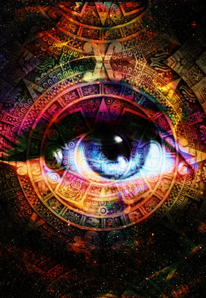 Antiguo calendario maya, y ojo de mujer, espacio cósmico con estrellas, fondo de color abstracto, collage informático. Efecto círculo de luz . — Foto de Stock
