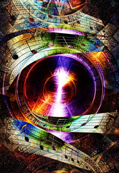 Ancient Mayan Calendar and silhouette of music Audio Speaker and music note, Cosmic space with stars, abstract color Background, computer collage. Light Circle. Music concept. — Stock Photo, Image