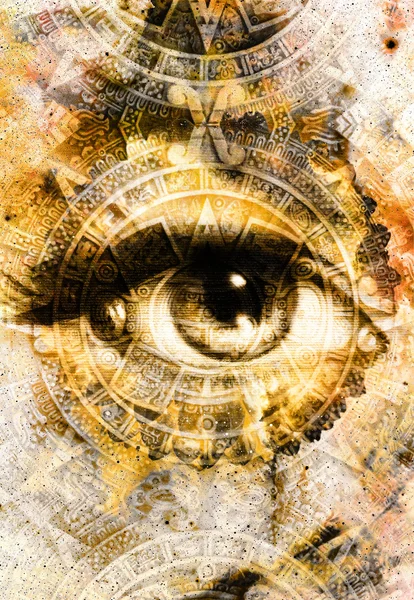 Ancient Mayan Calendar and woman eye,  abstract color Background, computer collage. — Stock Photo, Image