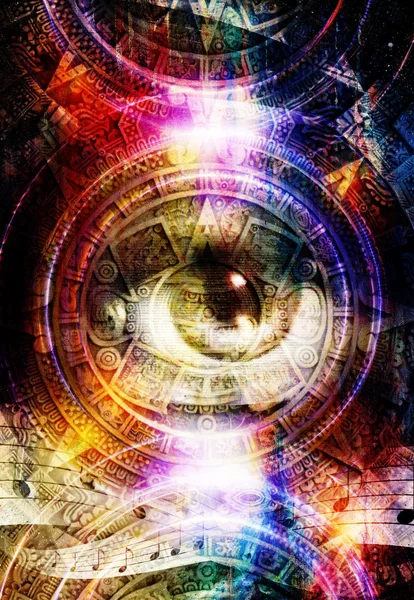 Let op oude Maya kalender en vrouw oog met muziek, abstract kleur achtergrond, computer collage. lichte circulaire en silhouet van muziek Audio Speaker. — Stockfoto