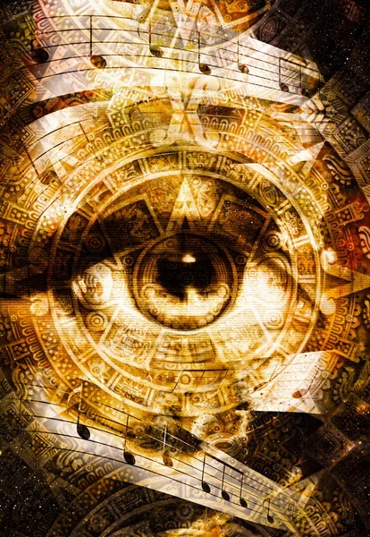 Ancient Mayan Calendar and woman eye with  Music note, abstract color Background, computer collage. — Stock Photo, Image