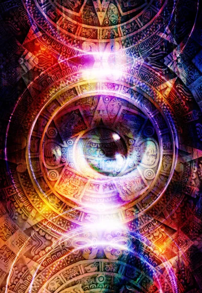 Ancient Mayan Calendar and woman eye,  abstract color Background, computer collage. Eye in circle light. — Stock Photo, Image