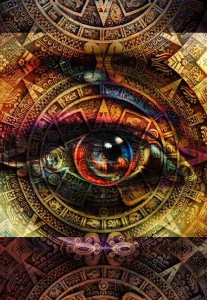 Ancient Mayan Calendar and woman eye,  abstract color Background, computer collage. — Stock Photo, Image