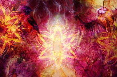 Titmouse kuşu ve altın mandala, süs arkaplanı ve çöl çatırtısı. bilgisayar kolajı, profil portresi, menekşe, beyaz ve sarı renk