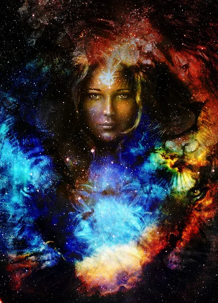 Goodnes woman and lion  and bird in space with galaxi and stars. profile portrait, eye contact. — Stock Photo, Image