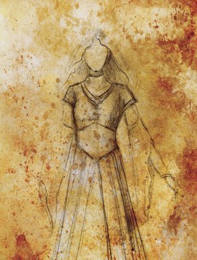 woman sketch drawing  on white background,  and old vintage paper structure. copy space.