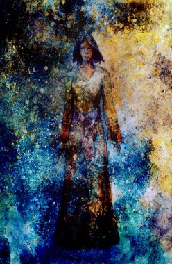 painting woman  on structure grunge background. copy space.
