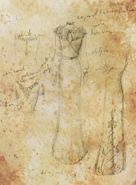 drawing of woman medieval historic dress on paper, designer sketch, and ornamental pattern.