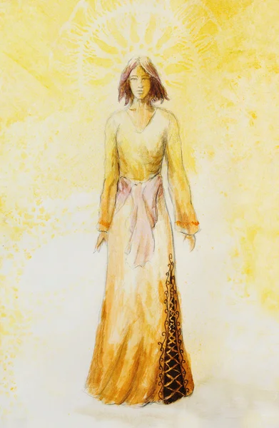 Esboço de mulher mística em belo vestido ornamental inspirado no design de meia-idade, com padrão ornamental no fundo. — Fotografia de Stock
