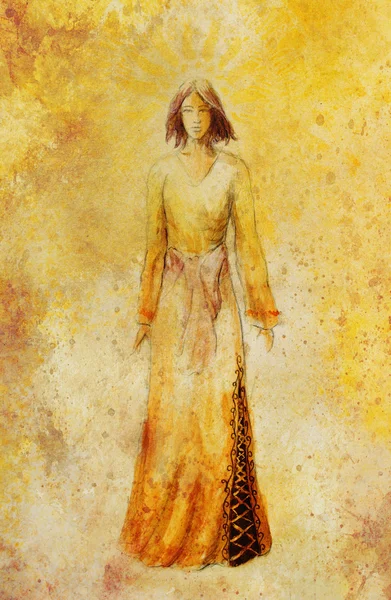 Skizze einer mystischen Frau in schönem Ornamentkleid, inspiriert von mittelalterlichem Design, mit ornamentalem Muster auf dem Hintergrund. — Stockfoto