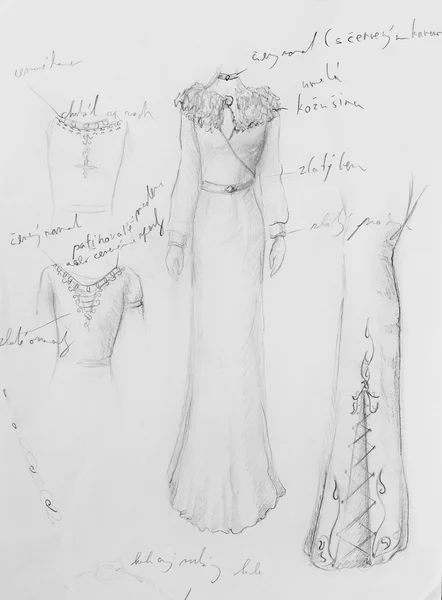 Desenho de mulher vestido histórico medieval em papel, esboço de designer, e padrão ornamental . — Fotografia de Stock