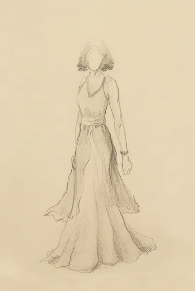 Zeichnung von Frau mittelalterlichen historischen Kleid auf Papier, Designer-Skizze. — Stockfoto