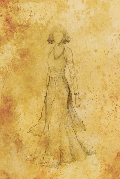 Drawing of woman medieval historic dress on paper, designer sketch. — Stok fotoğraf