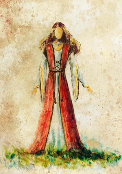 Painting of woman medieval historic dress on paper, designer sketch. — Stock Photo, Image