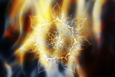 Süslü mandala, yangın arka planı, orijinal resim ve bilgisayar kolajı..