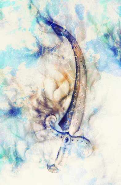 Ornamental Zwaard in vuur en woestijn kraken met vlekken, Originele schilderij en computer collage. — Stockfoto