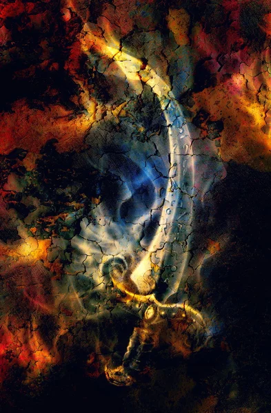 Ornamental Sword in fire and desert crackle with spots, Original painting and computer collage. — Stock Photo, Image