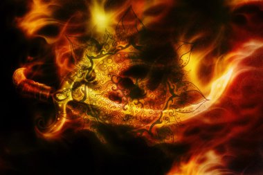 Ornamental Sword in fire and ornamental mandala, Original painting and computer collage.