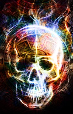 Antik Maya takvimi ve kafatası, kafatası wirt yangın etkisi. renk arka plan.