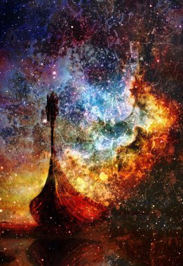 Viking tekne tekne ahşap ejderha ile uzay ve yıldız, bilgisayar kolaj,.