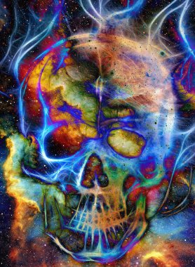 Kafatası ve fraktal etki. Renk arkaplanı, bilgisayar kolajı. Bu görüntünün elementleri NASA tarafından desteklenmektedir.