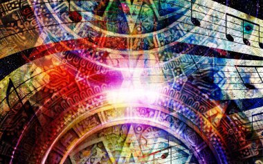 Ancient Mayan Calendar and  Music note, Cosmic space with stars, abstract color Background, computer collage.