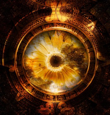 Ancient Mayan Calendar and flower, abstract color Background, computer collage.