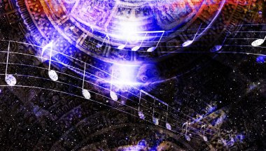 Ancient Mayan Calendar and  Music note, Cosmic space with stars, abstract color Background, computer collage.