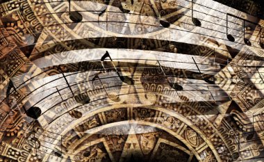 Ancient Mayan Calendar and  Music note, Cosmic space with stars, abstract color Background, computer collage.