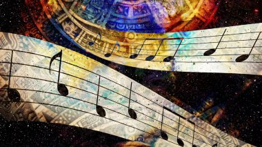 Ancient Mayan Calendar and  Music note, Cosmic space with stars, abstract color Background, computer collage.