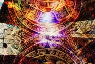 Ancient Mayan Calendar and  Music note, Cosmic space with stars, abstract color Background, computer collage.