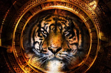 Antik Maya takvimi ve kaplan başı, soyut renk arka plan, bilgisayar kolaj, göz teması.