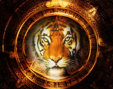 Antik Maya takvimi ve kaplan başı, soyut renk arka plan, bilgisayar kolaj, göz teması.