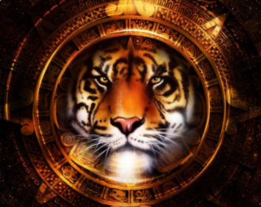 Antik Maya takvimi ve kaplan başı, soyut renk arka plan, bilgisayar kolaj, göz teması.