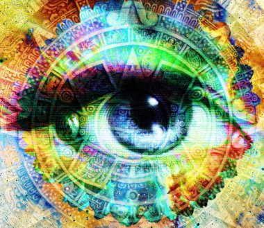 Ancient Mayan Calendar and woman eye, abstract color Background, and flower silhouette. computer collage.