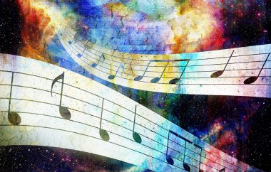 music note and  Space with stars. abstract color background. Music concept.