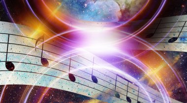 Audio music Speaker and note. Cosmic space and stars, abstract cosmic  background.