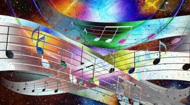 music note and  Space with stars. abstract color background. Music concept.