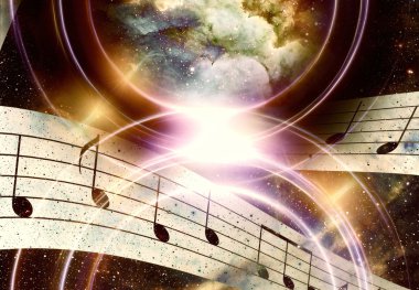 Müzik notası, siluet müzik hoparlörü ve yıldızlı uzay. Soyut renk arkaplanı. Müzik konsepti.