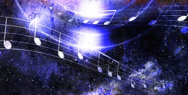 music note and  Space with stars. abstract color background. Music concept.