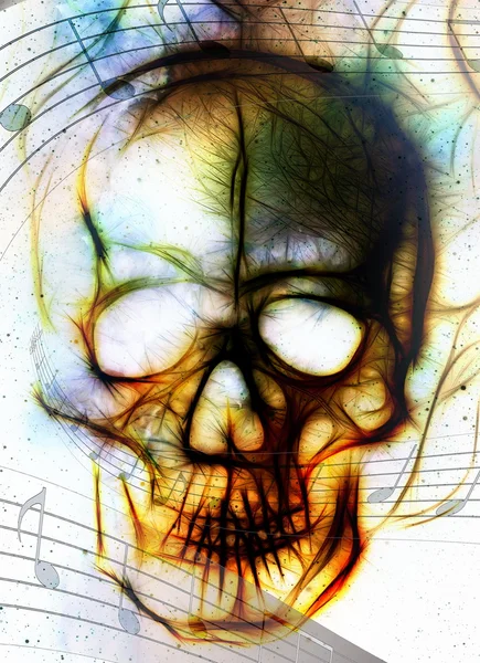 Kafatası ve müzik Not. Kafatası yangın alevler içinde. Renk arka plan, bilgisayar kolaj.